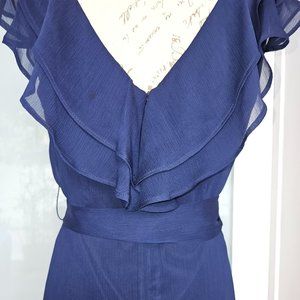 DKNY -Navy Ruffle V-Neck Belted Dress